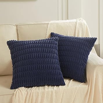 Fancy Homi 2 Packs Navy Blue Decorative Throw Pillow Covers 22x22 Inch for Living Room Couch Bed Sofa, Rustic Farmhouse Boho Home Decor, Soft Striped Corduroy Square Cushion Case 55x55 cm