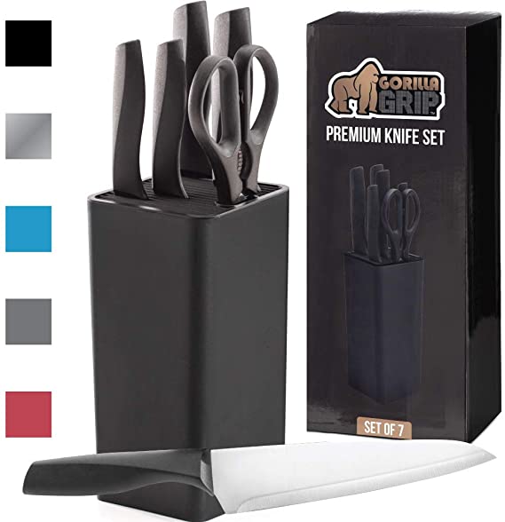 Gorilla Grip Original Premium Knife Block 7 Piece Set, Stainless Steel Blades, Includes Durable Kitchen Knives, Scissors and Stylish Block, Cutlery for Home Chef and Professional Cutting Needs, Black