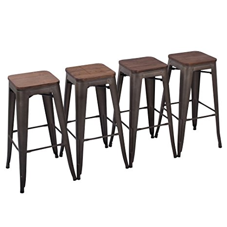 Yongchuang Metal Backless Counter Bar Stool for Indoor-Outdoor(Pack of 4) Gunmetal with Wooden Seat, 30"