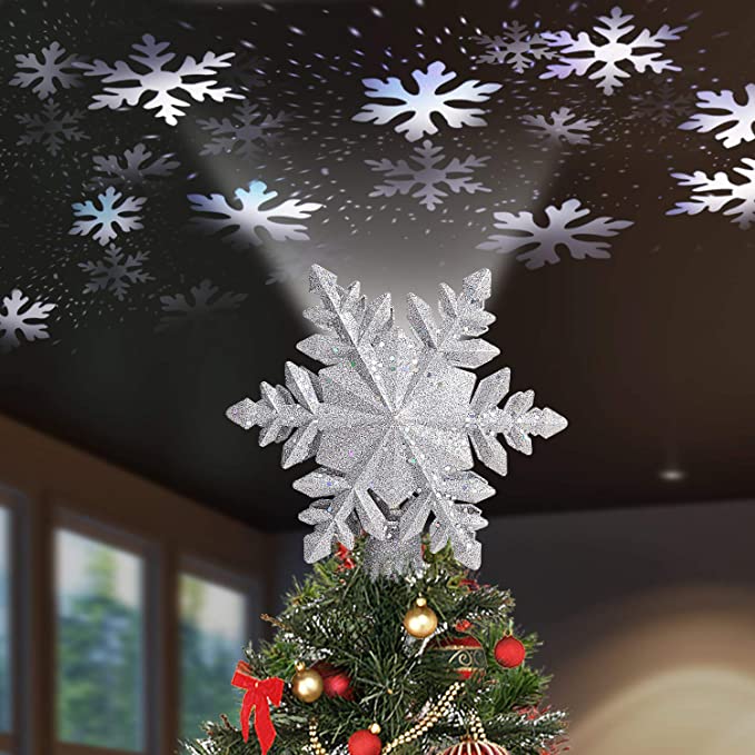Yawenner Christmas Tree Topper Lighted, LED Rotating Magic Snowflake Projector, 3D Hollow Glitter Lighted Sliver Snow Tree Topper for Christmas Tree Decorations