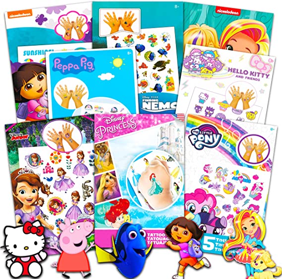 Prizes for Girls Kids Classroom Temporary Tattoos Assort ~ Bundle Includes 200 Tattoos Featuring Disney Princess, Hello Kitty, Peppa Pig, Dory, and More (Girls Party Favors Pack)