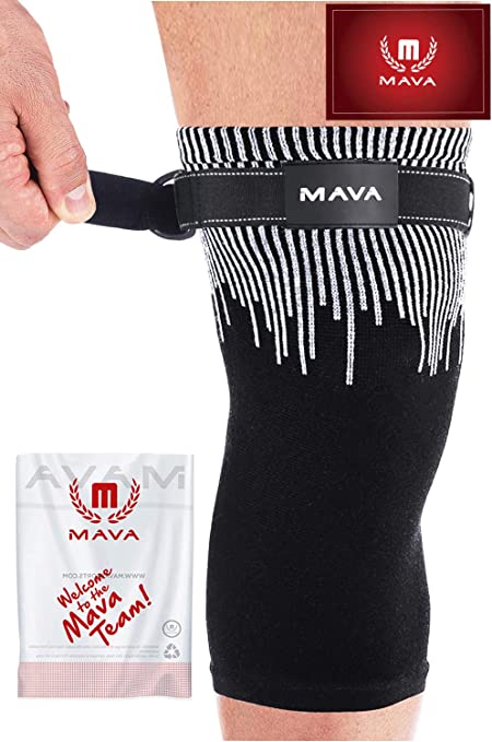 Mava Knee Sleeve - Knee Support with Adjustable Strap - Does NOT ROLL Down- Compression Knee Brace for Men & Women -Weightlifting, Running, Workout - Arthritis Relief -Check Sizing Chart -ONE Piece