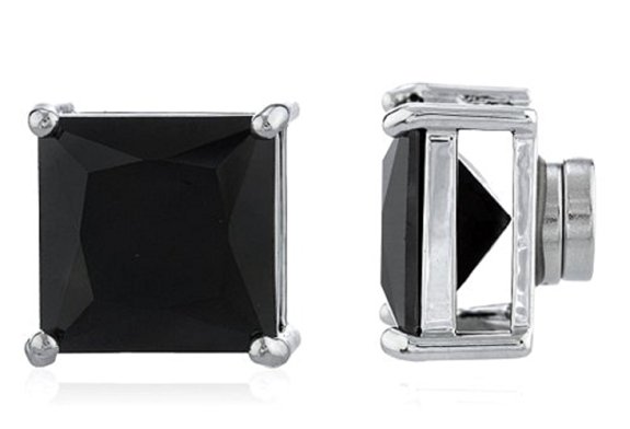 Silver Square Princess Cut Black Crystal Magnetic Cz Non Pierce Earrings No Holes In All Sizes 4-9mm
