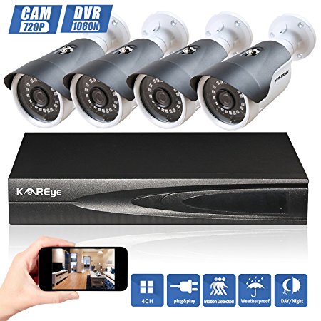 KAREye 4CH 1080N AHD DVR Home Security Video Surveillance Camera System (NO HDD), W/ 4x 1.0MP Indoor/Outdoor Waterproof Cameras, 65 Feet Night Vision, Smart Motion Detection