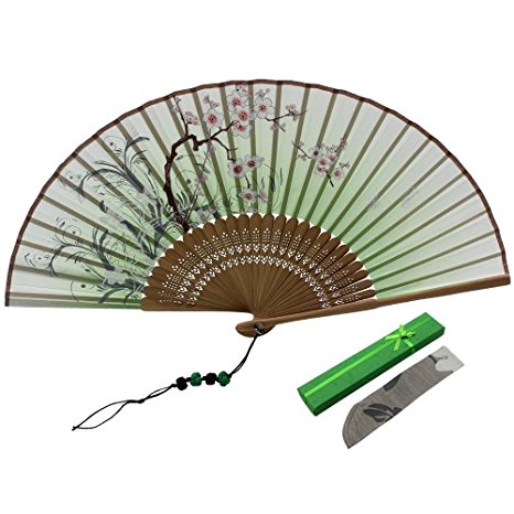 Jsswb Green Handmade Silk Bamboo Hand Fan with Blomming Flowers Painting