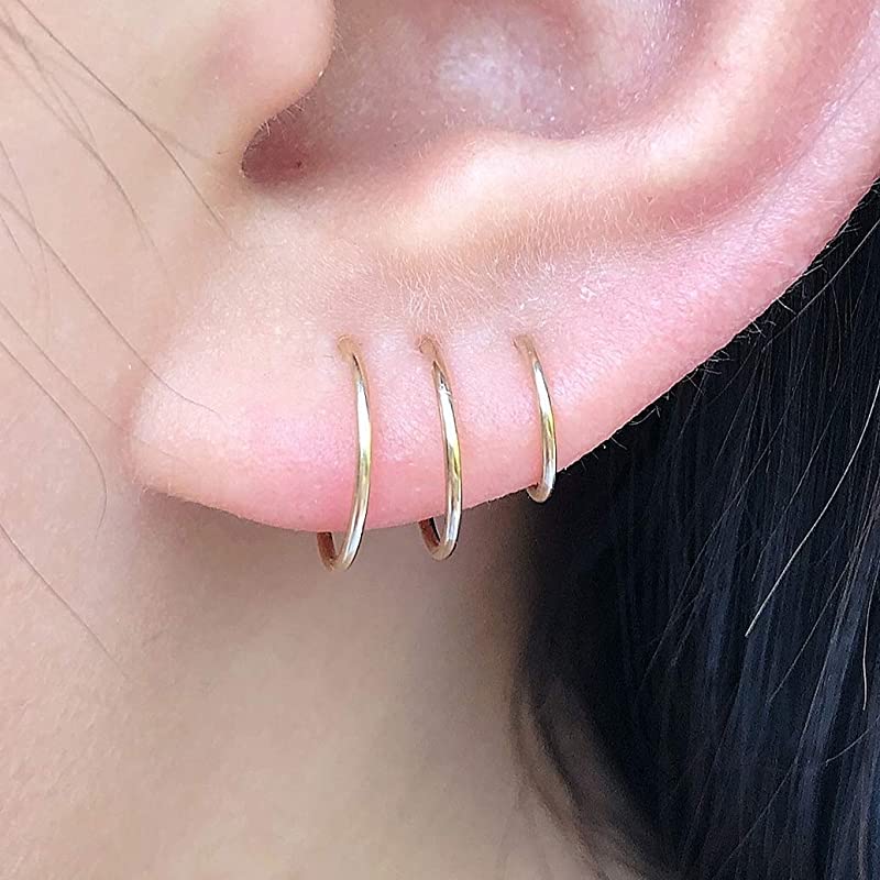 Small Gold Huggie Hoop Earring Set for Cartilage Helix Tragus Nose Ring Hoop, Tiny 14K Yellow Gold Filled Mini Gold Hoops - 6mm 7mm 8mm