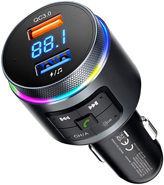 VicTsing (2021 New) FM Transmitter for Car Bluetooth 5.0, Auto Frequency Tuning & Dual Microphones Bluetooth Car Adapter, QC3.0/ Dual USB Ports/ Siri Voice Assistant/ 9 RGB Backlit Large Ring Knob Music Player/Car Kit