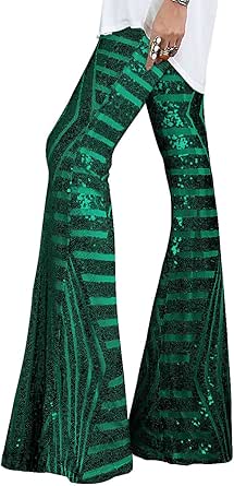 EVALESS Women Sequin Pants Sparkly Glitter High Waisted Wide Leg Flare Trousers Bell Bottom Night Out Clubwear