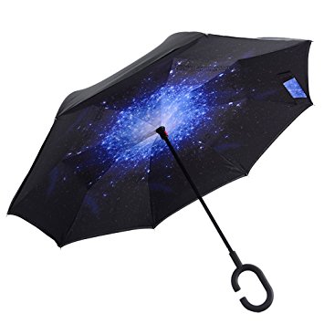 DOLIROX® Windproof Reverse Folding Double Layer Inverted Umbrella and Self Standing Inside Out Rain Protection Umbrella with C-shaped Hands Free Handle, Best for Travelling and Car Use