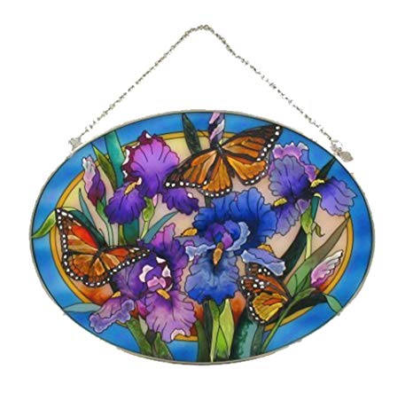 Amia Oval Suncatcher with Iris and Butterfly Design, Hand Painted Glass, 6-1/2-Inch by 9-Inch