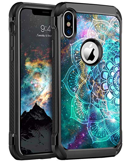 BENTOBEN iPhone X Case, iPhone Xs Case Slim Shockproof 2 in 1 Hard PC Soft Bumper Dual Layer Hybrid Luminous Noctilucent Protective Phone Cases Cover for iPhone X/XS 5.8 inch, Mandala in Galaxy