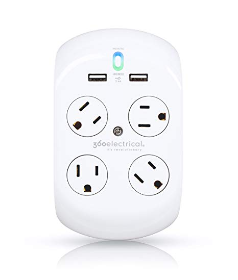 360 Electrical 36038 Revolve Surge Protector with 4 Rotating Outlets and 3.4 Amp/17W USB Charging