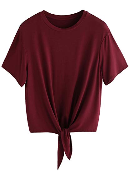 Romwe Women's Short Sleeve Tie Front Knot Casual Loose Fit Tee T-Shirt