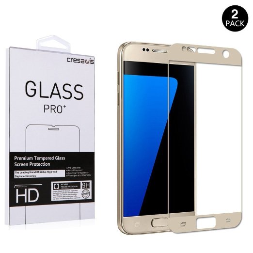 Samsung Galaxy S7 Screen Protector(Full Screen Coverage), cresawis 2- PACK Bubble Free Samsung Galaxy S7 Tempered Glass Screen Protector [NOT S7 Edge] - 0.3mm Thickness/Case-Friendly(Gold)