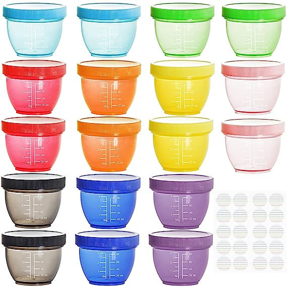 Youngever 18 Pack 1/2 Cup Small Food Containers with Lids, 4 oz Mini Food Storage Containers, Condiment, and Sauce Containers, 9 Assorted Colors, with Lids Labels