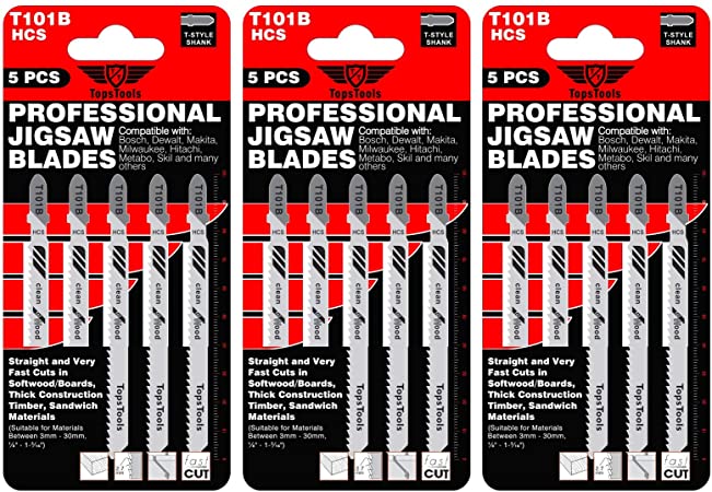15 x TopsTools T101B Jigsaw Blades Compatible with Bosch, Dewalt, Makita, Milwaukee and Many More