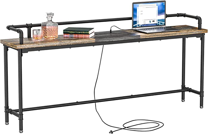 VECELO Extra Long Console/Sofa Table with Charging Station&Power Outlet, Narrow Industrial Behind Couch, for Entryway, Hallway, Living Room, Foyer, 71inches, Grey Oak