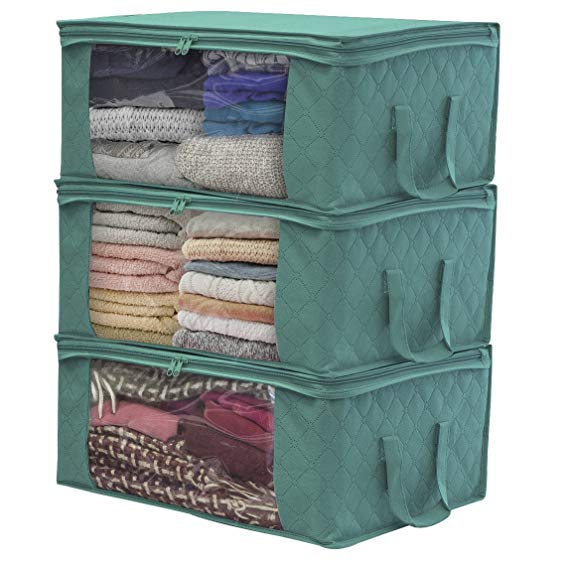 Sorbus Foldable Storage Bag Organizers, Large Clear Window & Carry Handles, Great for Clothes, Blankets, Closets, Bedrooms, and more (3 Pack, Teal)