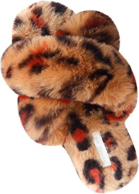 HALLUCI Women's Cross Band Soft Plush Fleece House Indoor or Outdoor Slippers