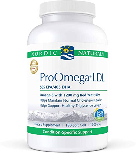 Nordic Naturals ProOmega LDL - Fish Oil, 585 mg EPA, 405 mg DHA, 1200 mg Red Yeast Rice, 30 mg CoQ10 Ubiquinone, Support for Healthy Cholesterol and Triglyceride Levels*, 180 Soft Gels