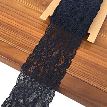 Lace Realm 3 Inch Black Stretch Floral Pattern Lace Ribbon Trim for Sewing, Gift Package Wrapping, Floral Designing & Crafts-5 Yards (3607 Black)