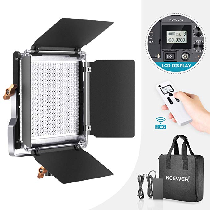 Neewer Advanced 2.4G 480 LED Video Light, Dimmable Bi-Color LED Panel with LCD Screen and 2.4G Wireless Remote for Portrait Product Photography, Studio Video Shooting with Metal U Bracket and Barndoor