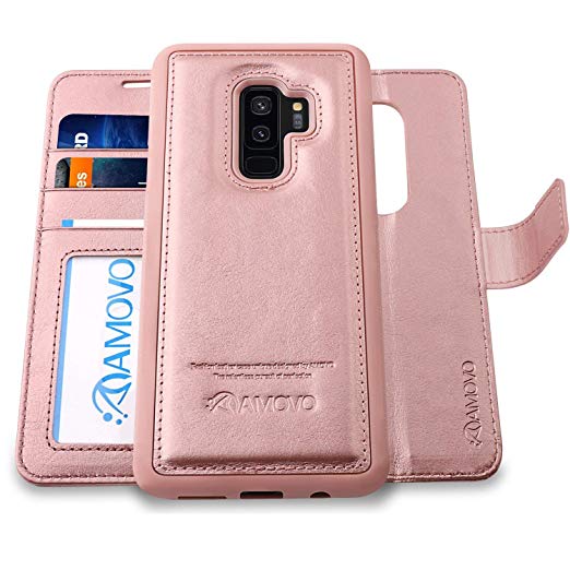 Amovo Galaxy S9 Plus Case [2 in 1], Samsung Galaxy S9 Plus Wallet Case [Detachable Wallet Folio] [Premium Vegan Leather] Samsung S9 Plus Flip Case Cover with Gift Box Package (RoseGold, S9 )