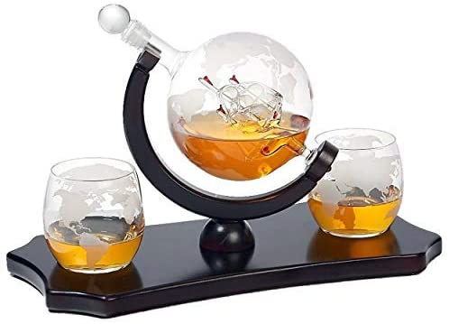 Chef’s Star’s Culinaire Whiskey & Wine Decanter Set With Glasses, Magnificent Etched Globe Whiskey Decanter With Hidden Ship, 2 Etched Globe Glasses On Mahogany Tray