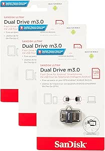 SanDisk 128GB Ultra Dual Drive m3.0 for Android Devices and Computers - microUSB, USB 3.0 - SDDD3-128G-G46, Black (Pack of 3)