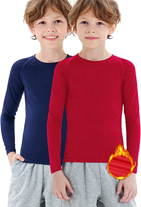 2 Pack Youth Boys Thermal Compression Shirts Long Sleeve Fleece Baselayer Soccer Baseball Running Base Layer Undershirt