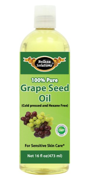 1 Grapeseed Oil 16 OZ by Belleza Solutions - 100 Pure Cold pressed and Hexane free - No Synthetic Preservatives Colors or Fragrances - 100 Pure Sensitive Skin Care