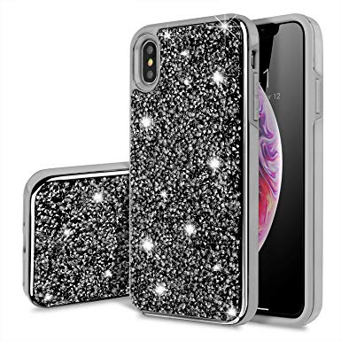 iPhone Xs Max Case,SQMCase Glitter Heavy Duty Rugged Hybrid Soft TPU Inner   Hard PC Outer with Crystal Bling Diamond Electroplated Frame Protective Case for iPhone Xs Max (6.5") - Shiny Black