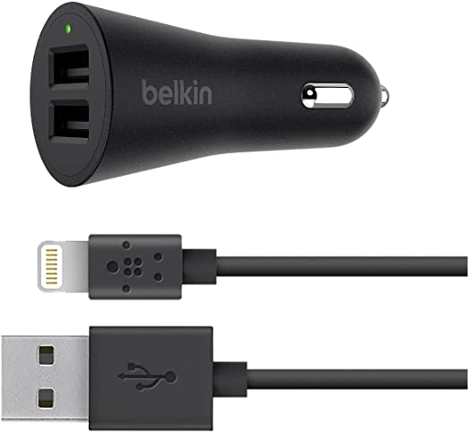 Belkin 4.8 A Dual Car Charger with Lightning Cable for iPhone 12, 12 Pro, 12 Pro Max, 12 Mini, 11, 11 Pro, 11 Pro Max, XS Max, XS, XR, X, 8, 8 Plus, 7, 7 Plus and More - Black