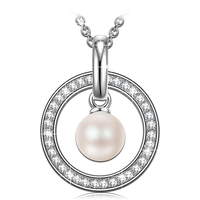 PN PRINCESS NINA 925 Sterling Silver ❤️Pure Love❤️ AAA Cubic Zirconia Dancing Swarovski Pearl Pendant Necklace, 17.5" 2" Extender