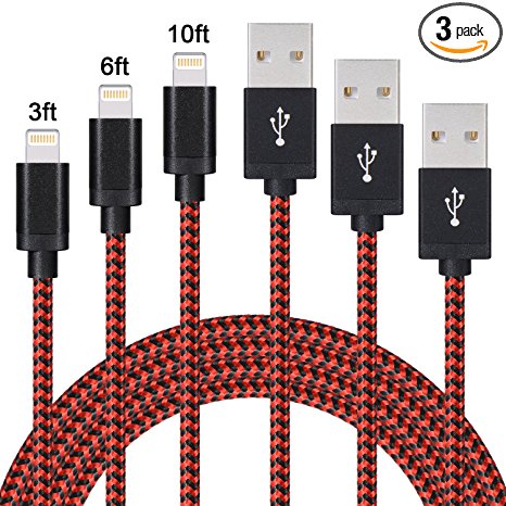 Sundix iPhone Charger, 3Pack 3FT 6FT 10FT Nylon Braided Cord Lightning Cable Compatible with iPhone 7/7 Plus/6/6S/6S Plus,SE/5S/5,iPad,iPod Nano 7-redblack