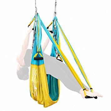Adult Yoga Swing Kit - Hanging Aerial Yoga Equipment System for Body Inversion, Flexibility and Exercise - Parachute Fabric Hammock Sling with Rubber Grip Handles & Carabiners - Hammock Strap