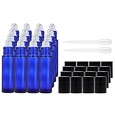 Glass Roller Bottles - 10ml, Pack of 16, Cobalt Blue by Proteove, Stainless Steel Roller Balls and Droppers Included