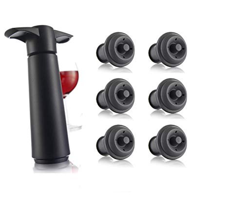 Vacu Vin Black Pump with Wine Saver stoppers - Keeps wine fresh for up to 10 days (Black 6 Stoppers)