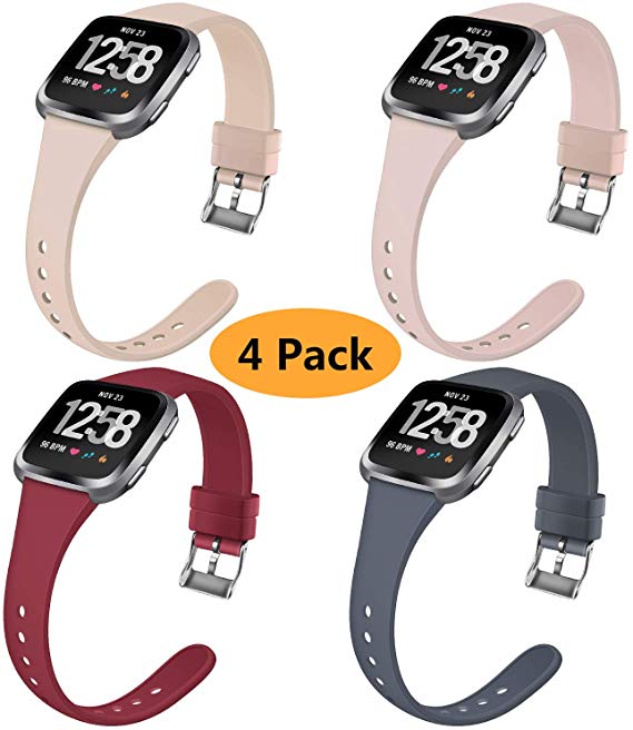 Coperr 4 Packs Bands Compatible with Fitbit Versa/Fitbit Versa 2/Fitbit Versa Lite for Women Men, Narrow Slim Soft Silicone Replacement Wristband for Fitbit Versa Smart Watch with Buckle Design