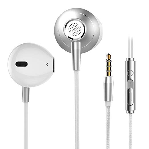 Noise Isolating in-ear Earphones Headphones with Mic and Volume Control Heavy Deep Bass Wired Earbuds for iPhone iPad iPod Samsung Galaxy Nokia HTC Nexus LG BlackBerry MP3 3.5mm Headset (Silver)
