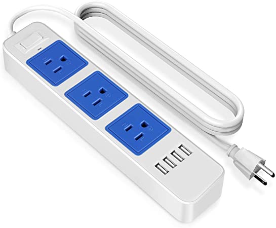 TNP Power Strip with USB Surge Protector - 3 AC Outlet 4 USB Port Charger Charging Station Smart Travel Power Supply Bar Adapter Multi Socket Plug Extension Cord For Smartphone & Appliance (6ft, Blue)