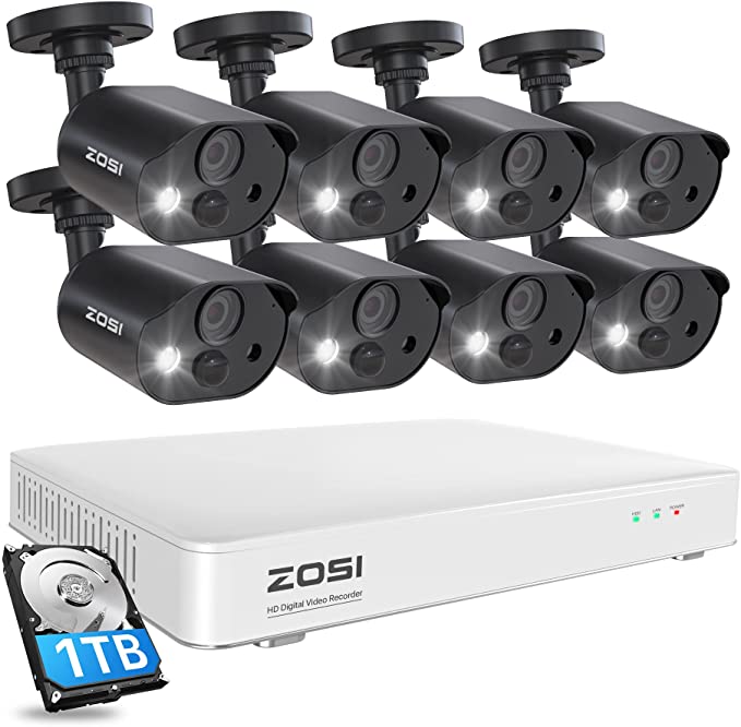 ZOSI C303 Security Camera System with Audio, 5MP-Lite 8CH DVR with 1TB HDD and 8 x 1080p Camera with Human Detection Alerts, Light & Sound Alarm