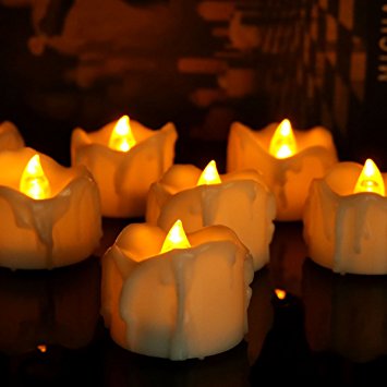 Micandle 24pcs Amber Yellow Flickering Timing Function(6 Hours on 18 Hours Off), Flameless LED Tea Lights Candles with Timer,tear Wax Dripped Battery Operated Electronic Candles for Wedding Party