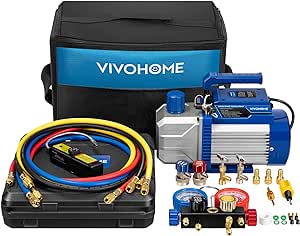 VIVOHOME 110V 1/3 HP 5CFM Single Stage A/C Vacuum Pump and 4 Way AC Manifold Gauge Set Kit with Leak Detector 5ft Hoses for R134a R12 R22 R502 R410a HVAC Air Conditioning Refrigeration Recharging