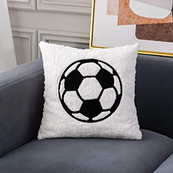Cassiel Home Teen Bedding Decorative Soccerball Embroidered Plush Pillow Cover Sherpa Soccer Ball White Football Sports Throw Pillow Cover 18x18”