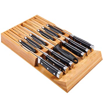 Utoplike in-Drawer Bamboo Knife Block Drawer Organizer and Holder,fit for 12 Knives and one Sharpening Steel