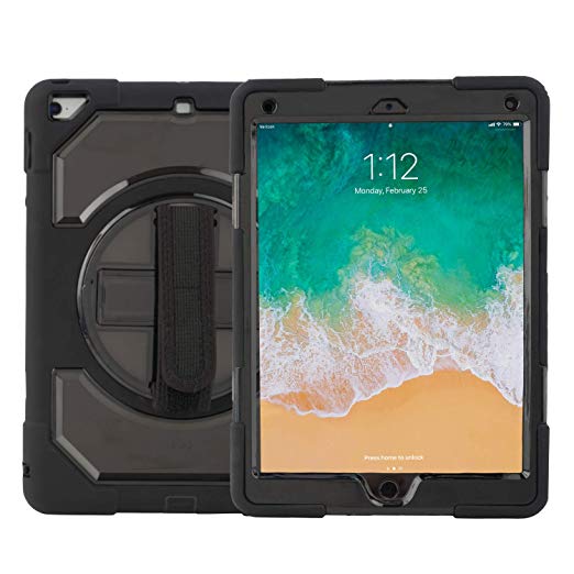 Idea Promo iPad 9.7" Case for 2018/2017 5th/6th, Kickstand, Shoulder Strap, handgrip, 360 Degress Rotatable with Dual-Layer Soft Silicone Shockproof Drop Protection, Black