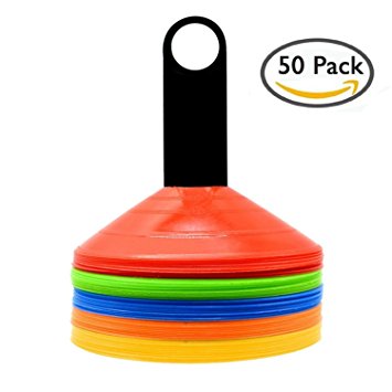 Sports Cones Sets 50 Pcs Space Markers Agility Safety Disc Cones for Soccer, Football, Basketball,Footwork ,Kids Training With Stand and Bag