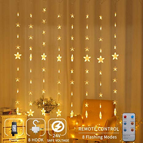 Zhuohao 80 Star Curtain Lights, Star Christmas Lights with Remote Control, 144 LEDs Window Curtain Light with 8 Flashing Modes for Christmas, Wedding, Party, Home, Indoor, Outdoor, Warm White