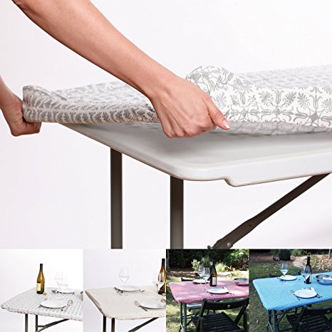 Waterproof Elastic Edged Flannel Backed Plastic Fitted Table Cloth for Travel,Christmas,Picnics,Parties and Outdoor.Fits 6 ft. Folding trestle/banquet/picnic Table (180cm x 80cm) GOLD PATTERNED